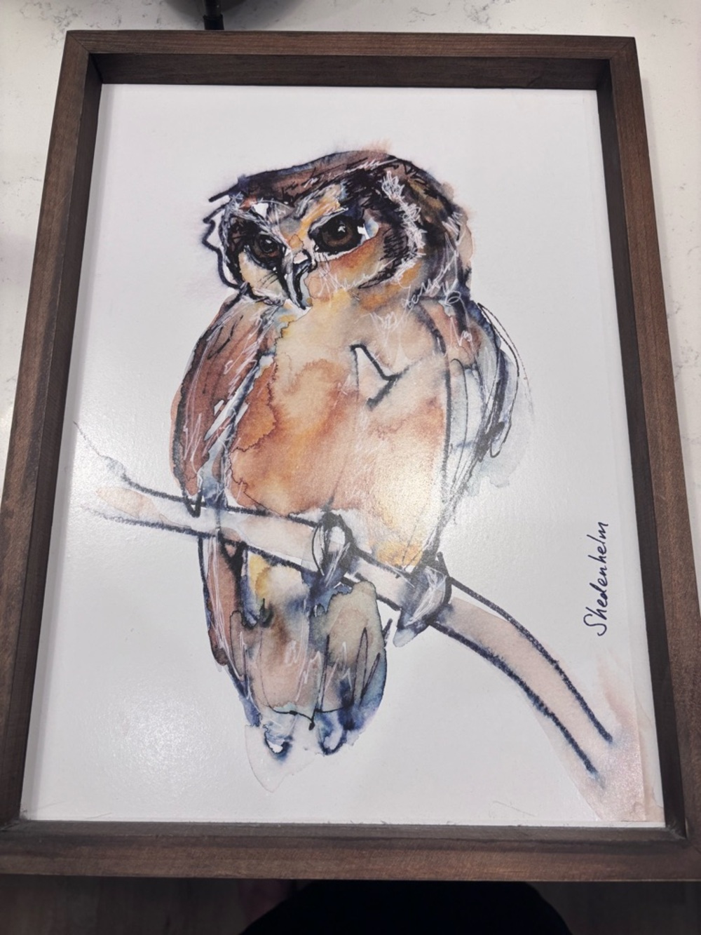 Watercolor Owl Wall Art in Brown Wooden Frame